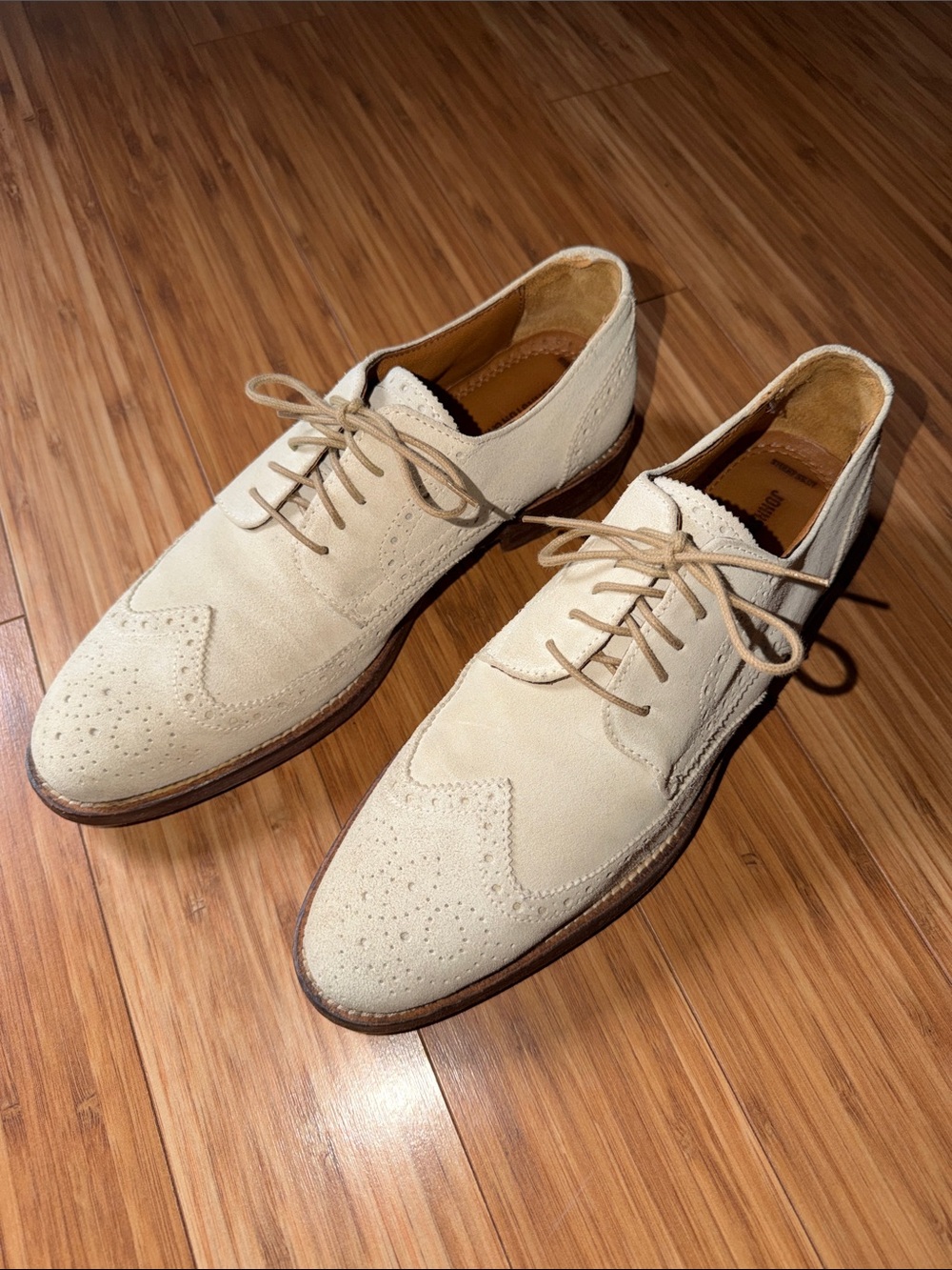 Johnston & Murphy Cream Suede Wingtip Derby Shoes